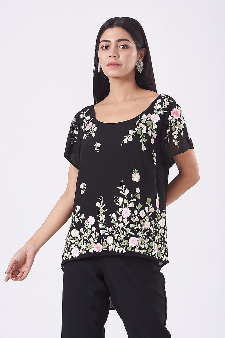 Black Floral Embroidered Top by SHRIYA SOM at Pernia's Pop Up Shop