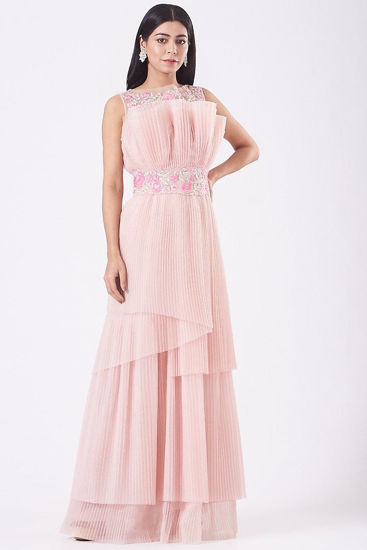 Blush Pink Pre-Pleated Gown With Belt by SHRIYA SOM at Pernia's Pop Up Shop