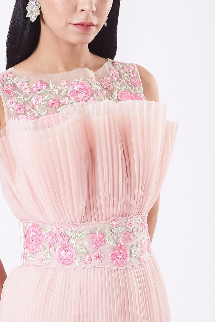 Blush Pink Pre-Pleated Gown With Belt by SHRIYA SOM at Pernia's Pop Up Shop