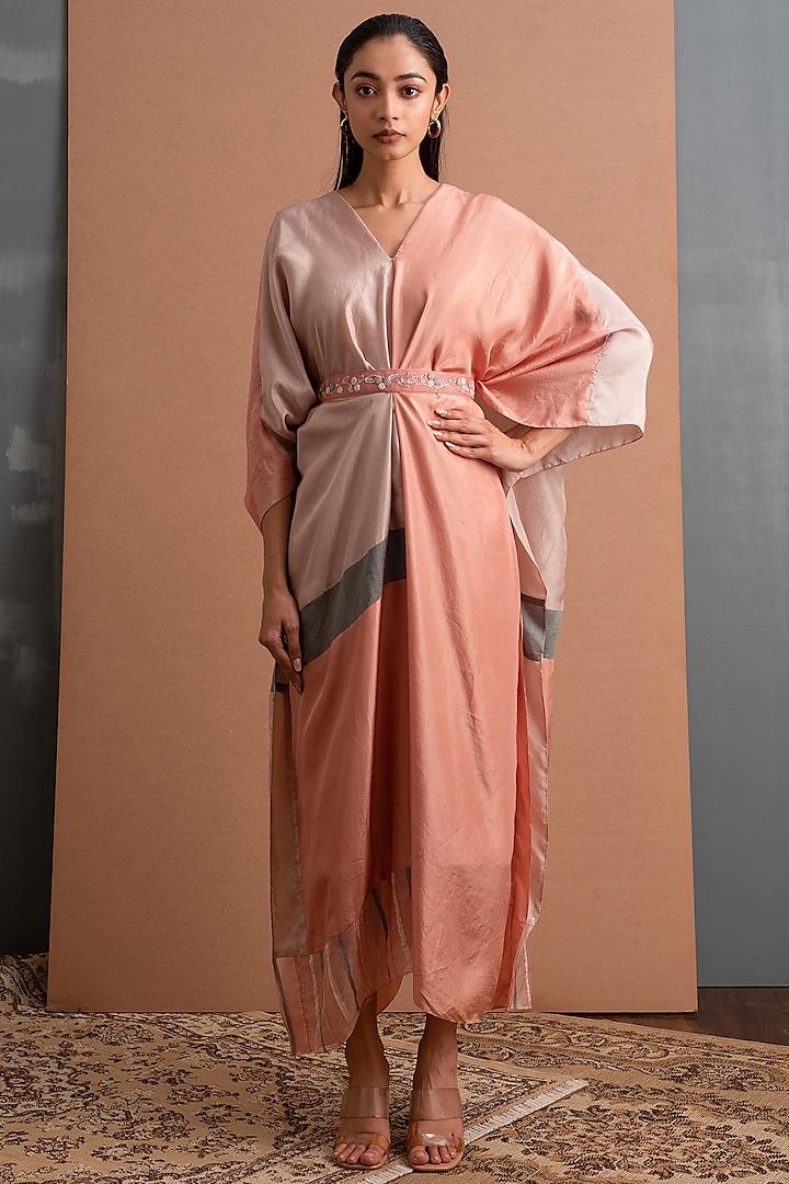 Peach Color Blocked Kaftan Dress by Synonym