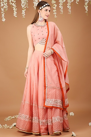 Onion Pink Chanderi Lehenga Set by Taara