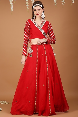 Red Chanderi Lehenga Set by Taara