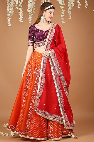 Multi-Coloured Chanderi Lehenga Set by Taara