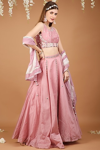 Peach Chanderi Lehenga Set by Taara