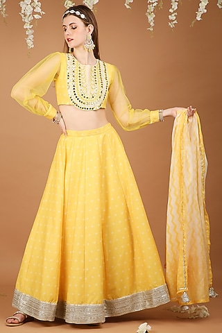 Yellow Chanderi Bandhani Printed Lehenga Set by Taara