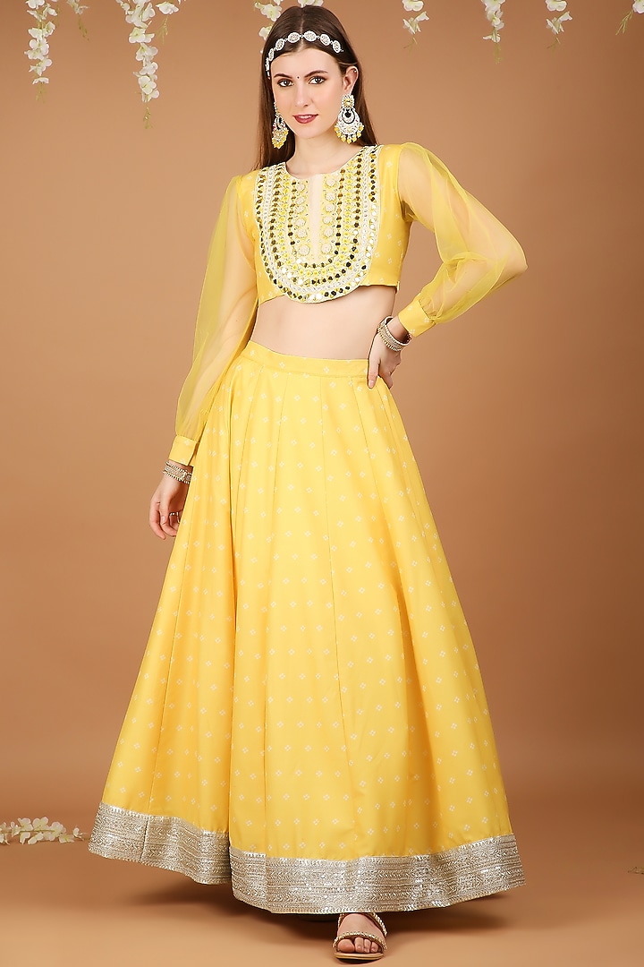 Yellow Chanderi Bandhani Printed Lehenga Set by Taara at Pernia's Pop Up Shop