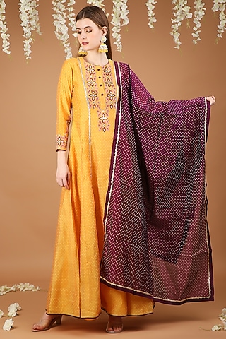 Yellow Chanderi Anarkali Set by Taara