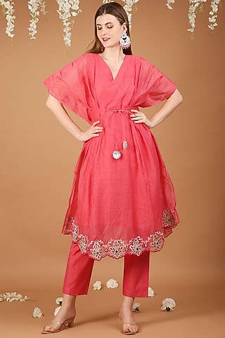 Pink Chanderi Kaftan Kurta Set by Taara