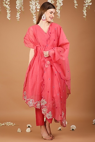 Pink Chanderi Kaftan Kurta Set by Taara