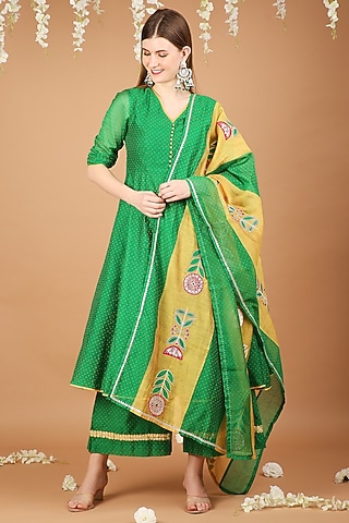 Bottle Green Chanderi Kurta Set by Taara