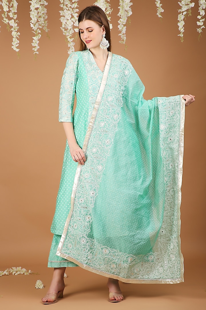 Sea Green Chanderi Embroidered Kurta Set by Taara