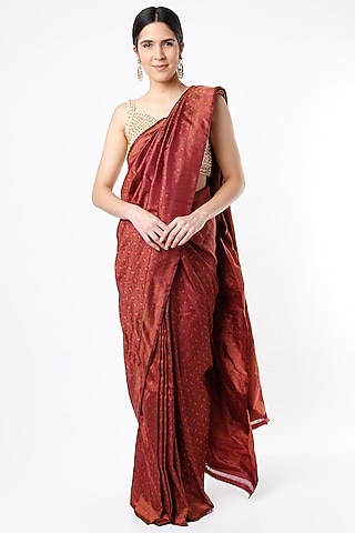Barn Red Dhoop-Chhaon Satin Silk Saree Set by Taba Kashi By Artika Shah