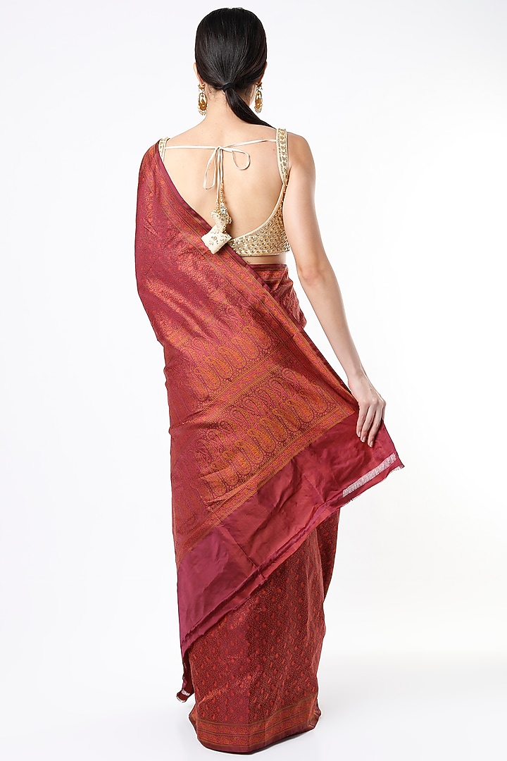 Barn Red Dhoop-Chhaon Satin Silk Wedding Saree Set by Taba Kashi By Artika Shah at Pernia's Pop Up Shop