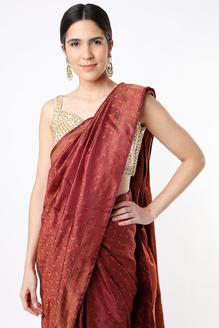 Barn Red Dhoop-Chhaon Satin Silk Wedding Saree Set by Taba Kashi By Artika Shah at Pernia's Pop Up Shop