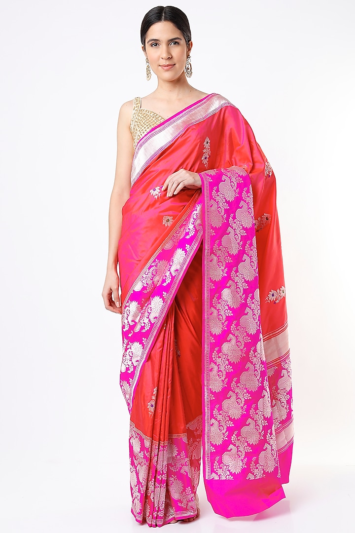 Hot Pink Pure Katan Silk Saree Set by Taba Kashi By Artika Shah