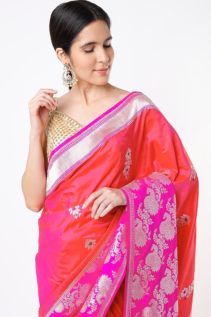 Hot Pink Pure Katan Silk Wedding Saree Set by Taba Kashi By Artika Shah at Pernia's Pop Up Shop