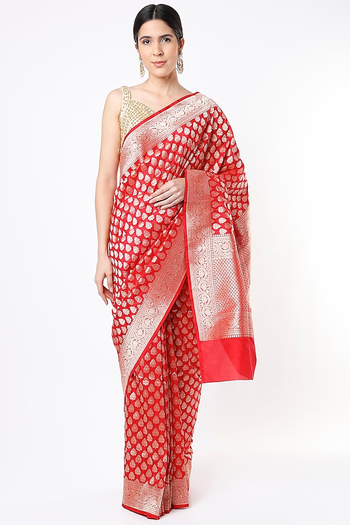Dark Red Uppada Katan Silk Saree Set by Taba Kashi By Artika Shah
