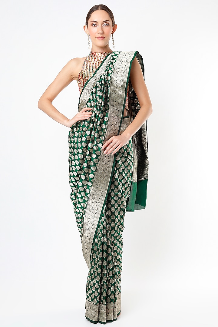 PIne Green Katan Silk Saree Set by Taba Kashi By Artika Shah