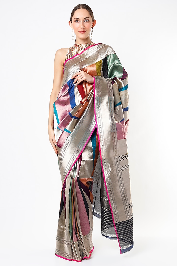 Multi-Colored Katan Silk Saree Set by Taba Kashi By Artika Shah at Pernia's Pop Up Shop