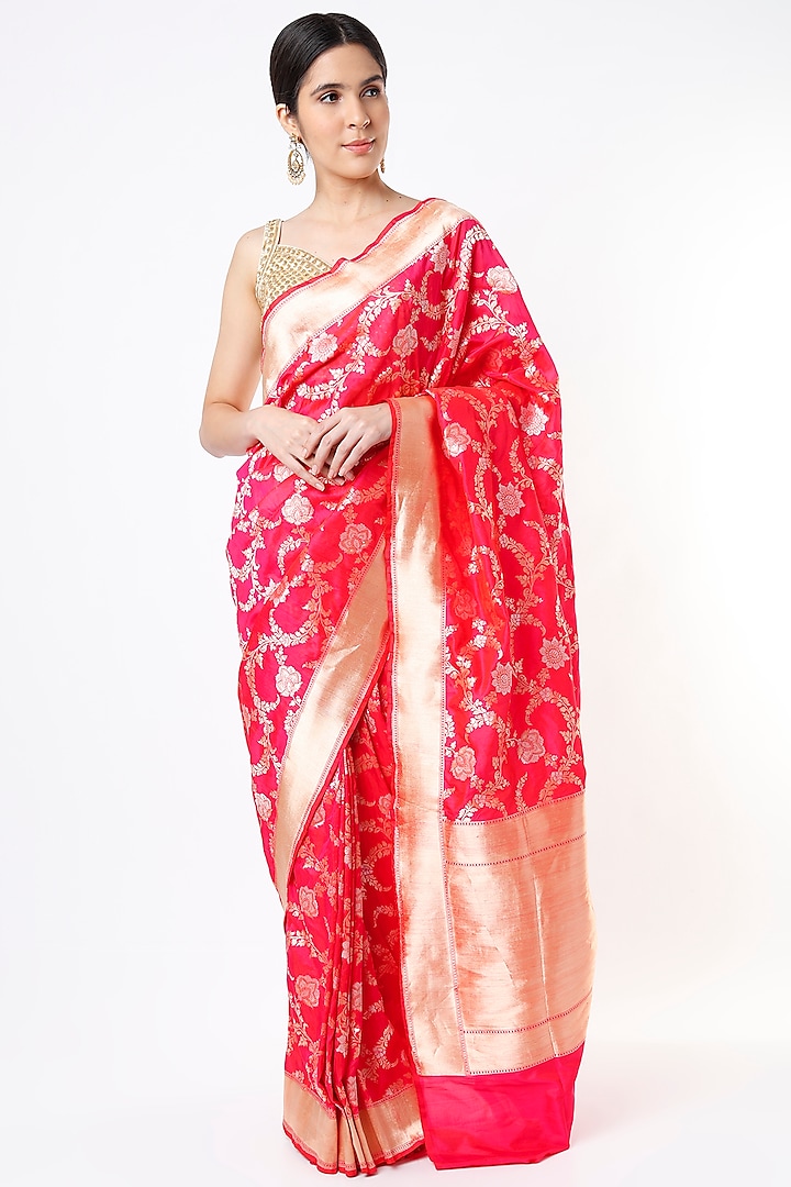 Fuchsia Katan Silk Jaal Work Saree Set by Taba Kashi By Artika Shah