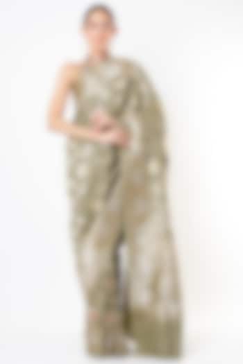 Olive Green Pure Tussar Wedding Saree Set by Taba Kashi By Artika Shah at Pernia's Pop Up Shop