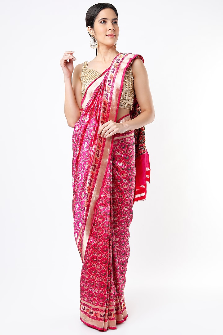 Magenta Pink Katan Silk Ikat Saree Set by Taba Kashi By Artika Shah