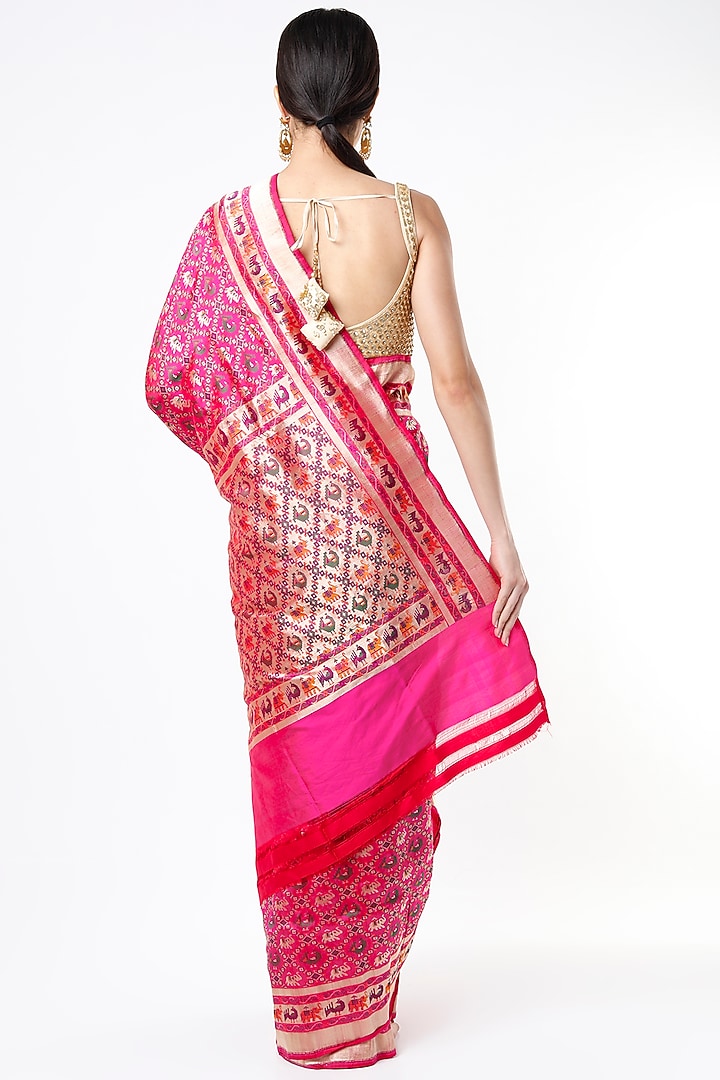 Magenta Pink Katan Silk Ikat Wedding Saree Set by Taba Kashi By Artika Shah at Pernia's Pop Up Shop
