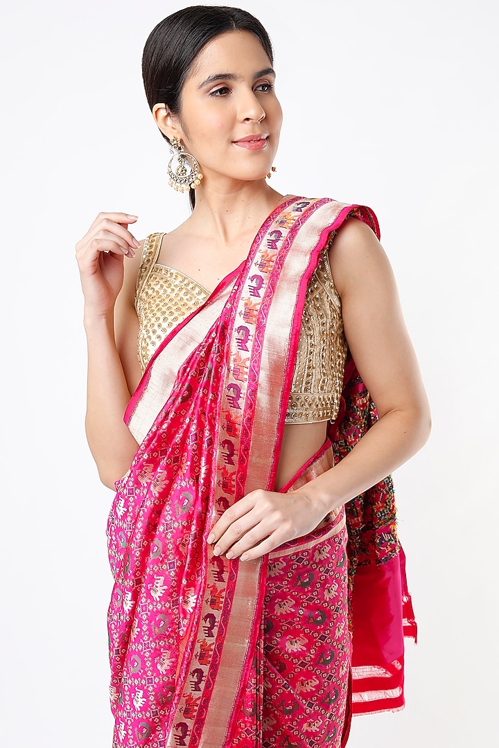 Magenta Pink Katan Silk Ikat Wedding Saree Set by Taba Kashi By Artika Shah at Pernia's Pop Up Shop