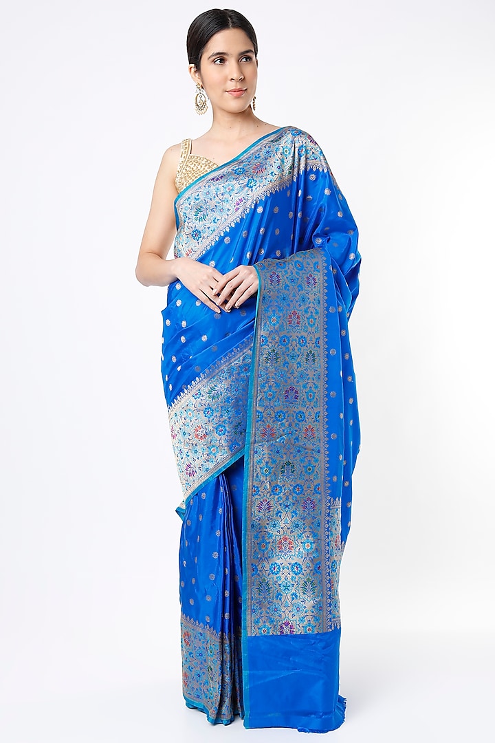 Cobalt Blue Pure Katan Silk Saree Set by Taba Kashi By Artika Shah