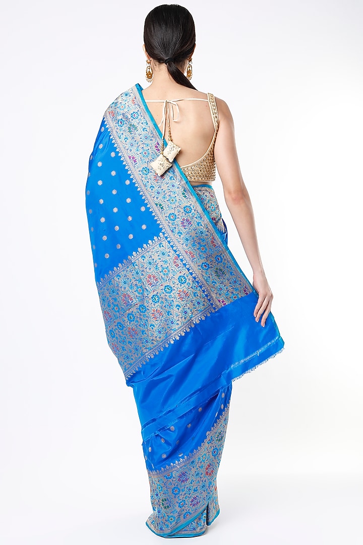Cobalt Blue Pure Katan Silk Wedding Saree Set by Taba Kashi By Artika Shah at Pernia's Pop Up Shop