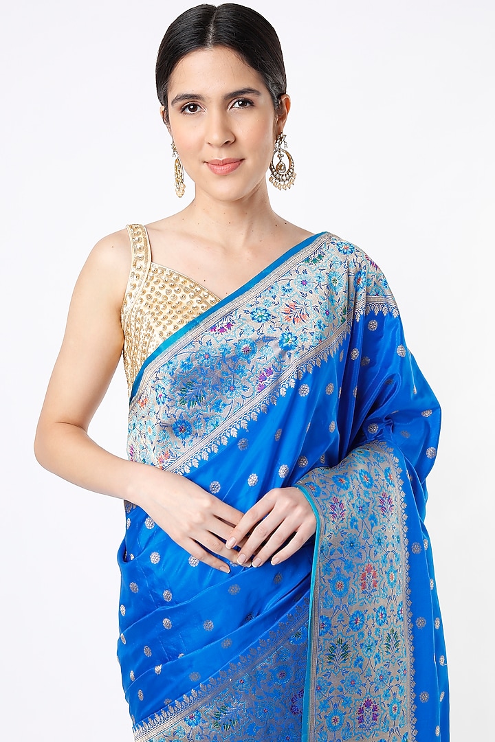 Cobalt Blue Pure Katan Silk Wedding Saree Set by Taba Kashi By Artika Shah at Pernia's Pop Up Shop