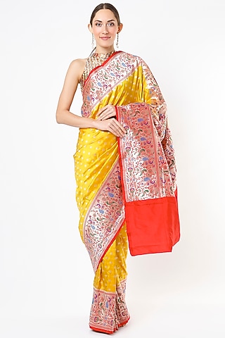 Dark Lemon Yellow Pure Katan Silk Saree Set by Taba Kashi By Artika Shah