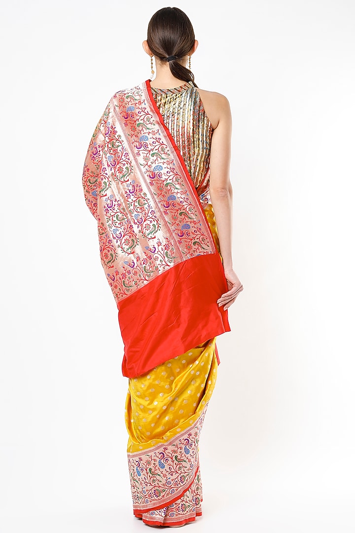 Dark Lemon Yellow Pure Katan Silk Wedding Saree Set by Taba Kashi By Artika Shah at Pernia's Pop Up Shop