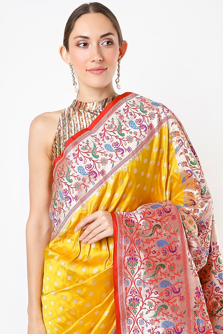 Dark Lemon Yellow Pure Katan Silk Wedding Saree Set by Taba Kashi By Artika Shah at Pernia's Pop Up Shop