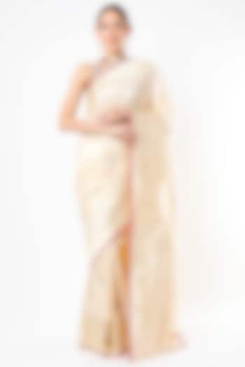 Beige Pure Katan Silk Saree Set by Taba Kashi By Artika Shah