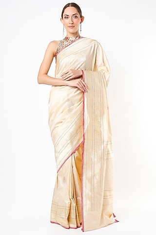 Beige Pure Katan Silk Saree Set by Taba Kashi By Artika Shah