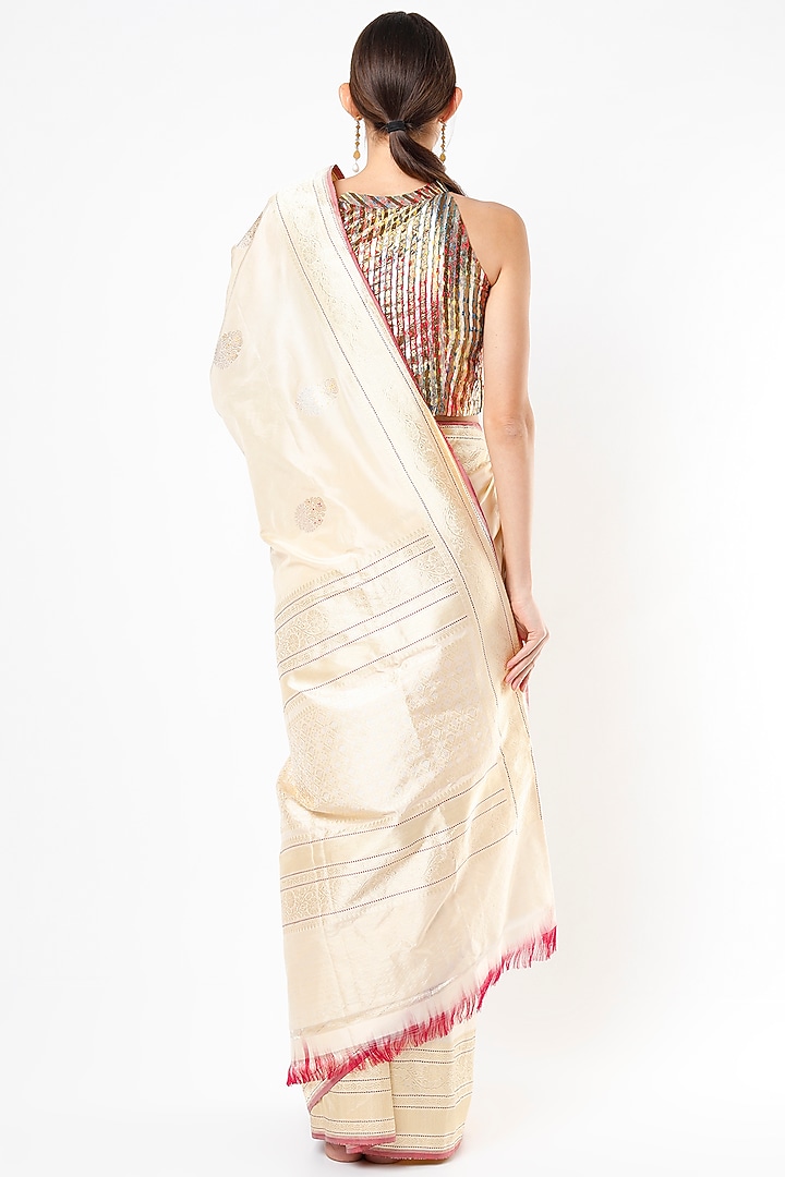 Beige Pure Katan Silk Wedding Saree Set by Taba Kashi By Artika Shah at Pernia's Pop Up Shop