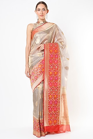 Smoke Grey Katan Silk & Katan Tissue Saree Set by Taba Kashi By Artika Shah