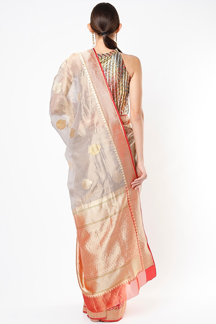 Smoke Grey Katan Silk & Katan Tissue Wedding Saree Set by Taba Kashi By Artika Shah at Pernia's Pop Up Shop