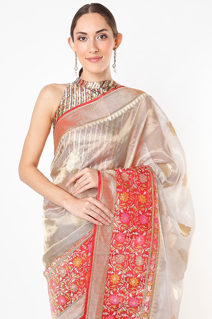 Smoke Grey Katan Silk & Katan Tissue Wedding Saree Set by Taba Kashi By Artika Shah at Pernia's Pop Up Shop