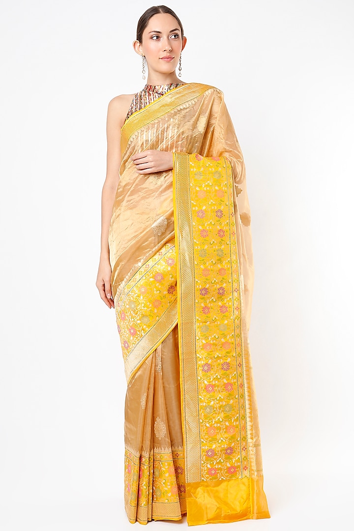 Gold & Yellow Katan Silk Saree Set by Taba Kashi By Artika Shah