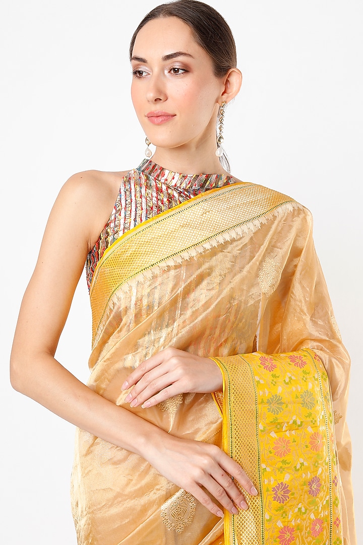 Gold & Yellow Katan Silk Wedding Saree Set by Taba Kashi By Artika Shah at Pernia's Pop Up Shop