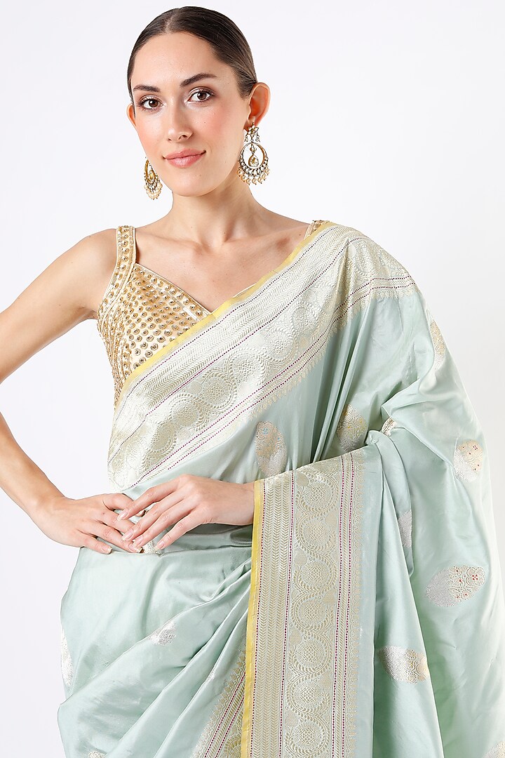 Sea Green Pure Katan Silk Wedding Saree Set by Taba Kashi By Artika Shah at Pernia's Pop Up Shop