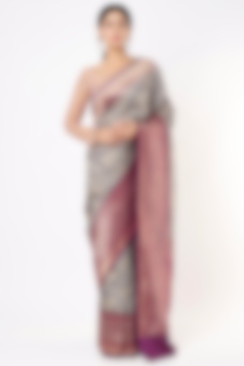 Smoky Grey Pure Handloom Katan Silk Saree Set by Taba Kashi By Artika Shah