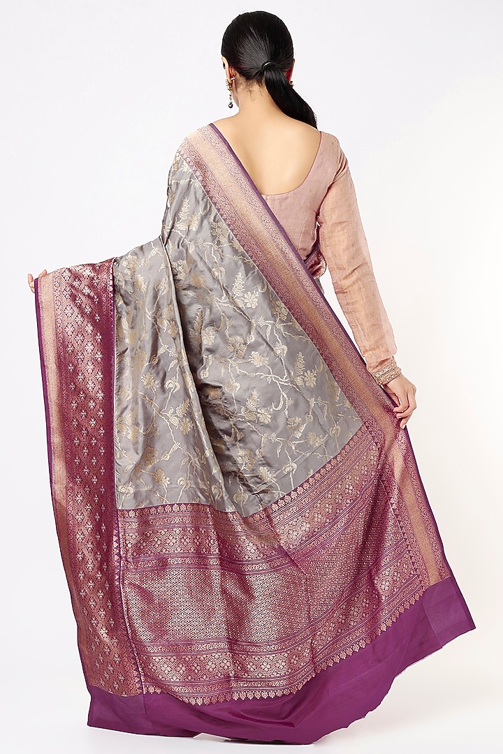 Smoky Grey Pure Handloom Katan Silk Wedding Saree Set by Taba Kashi By Artika Shah at Pernia's Pop Up Shop
