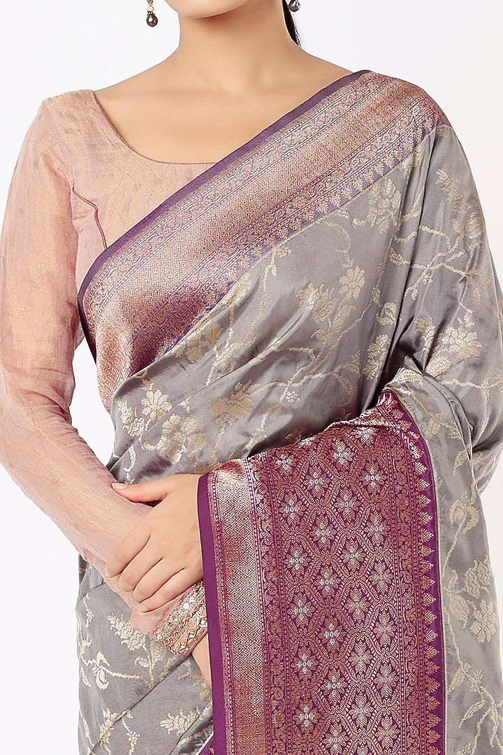 Smoky Grey Pure Handloom Katan Silk Wedding Saree Set by Taba Kashi By Artika Shah at Pernia's Pop Up Shop