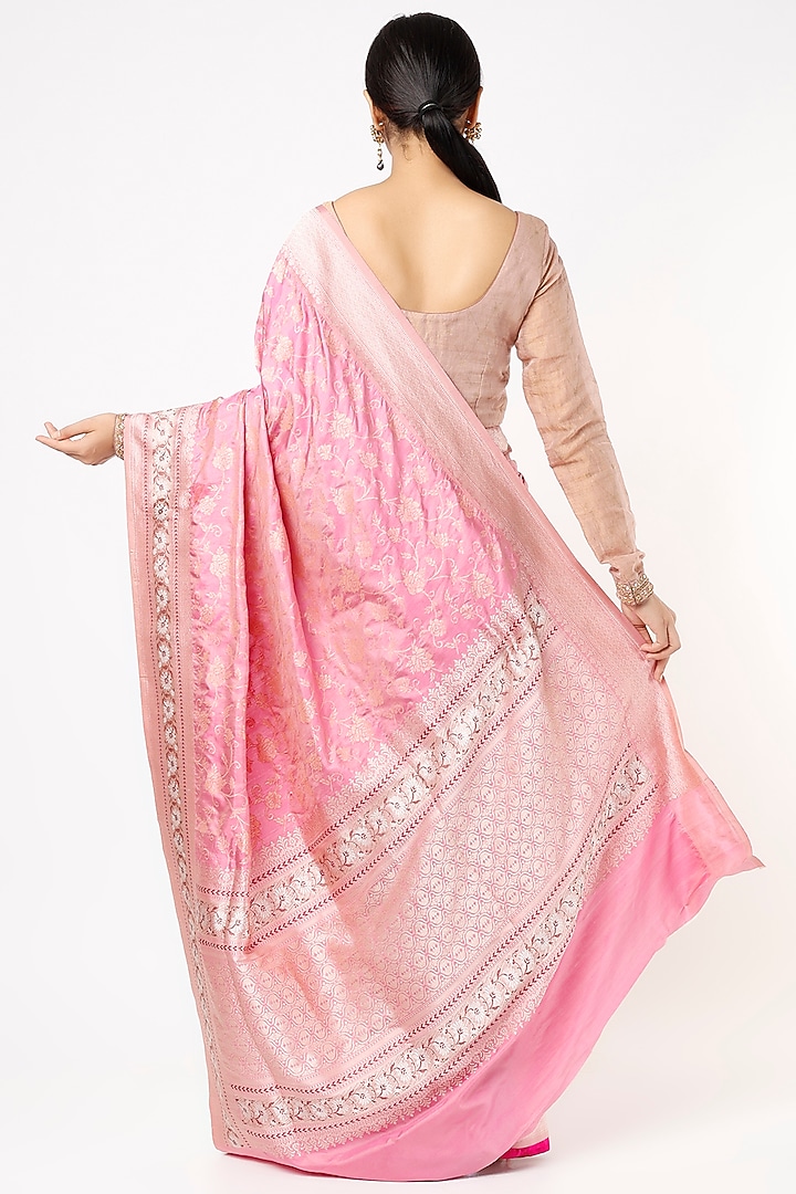 Blush Pink Pure Handloom Katan Silk Wedding Saree Set by Taba Kashi By Artika Shah at Pernia's Pop Up Shop