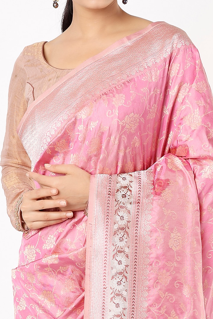 Blush Pink Pure Handloom Katan Silk Wedding Saree Set by Taba Kashi By Artika Shah at Pernia's Pop Up Shop