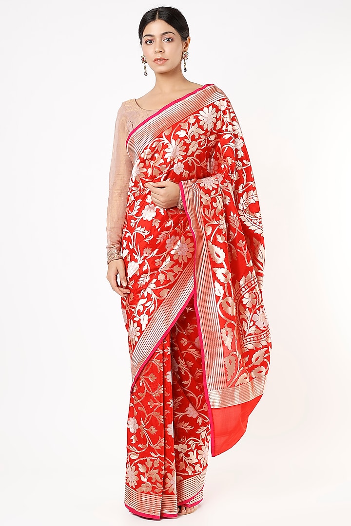 Bright Red Pure Handloom Banarasi Silk Saree Set by Taba Kashi By Artika Shah