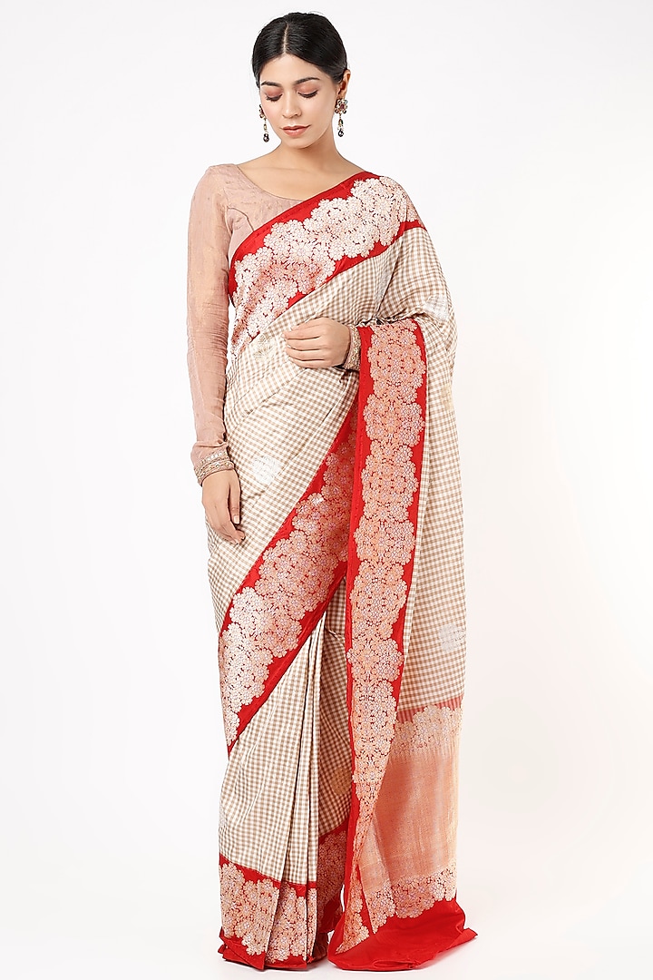 Beige Pure Handloom Katan Silk Saree Set by Taba Kashi By Artika Shah